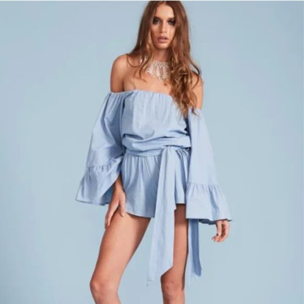 NWT Lioness Off Shoulder Chambray Romper with Bell Sleeves - Size XS
